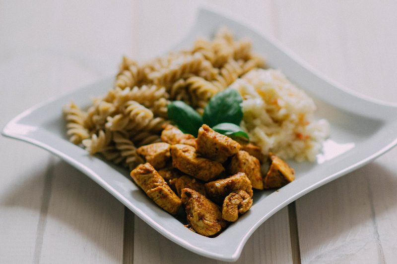 Fusilli, roast chicken, basil