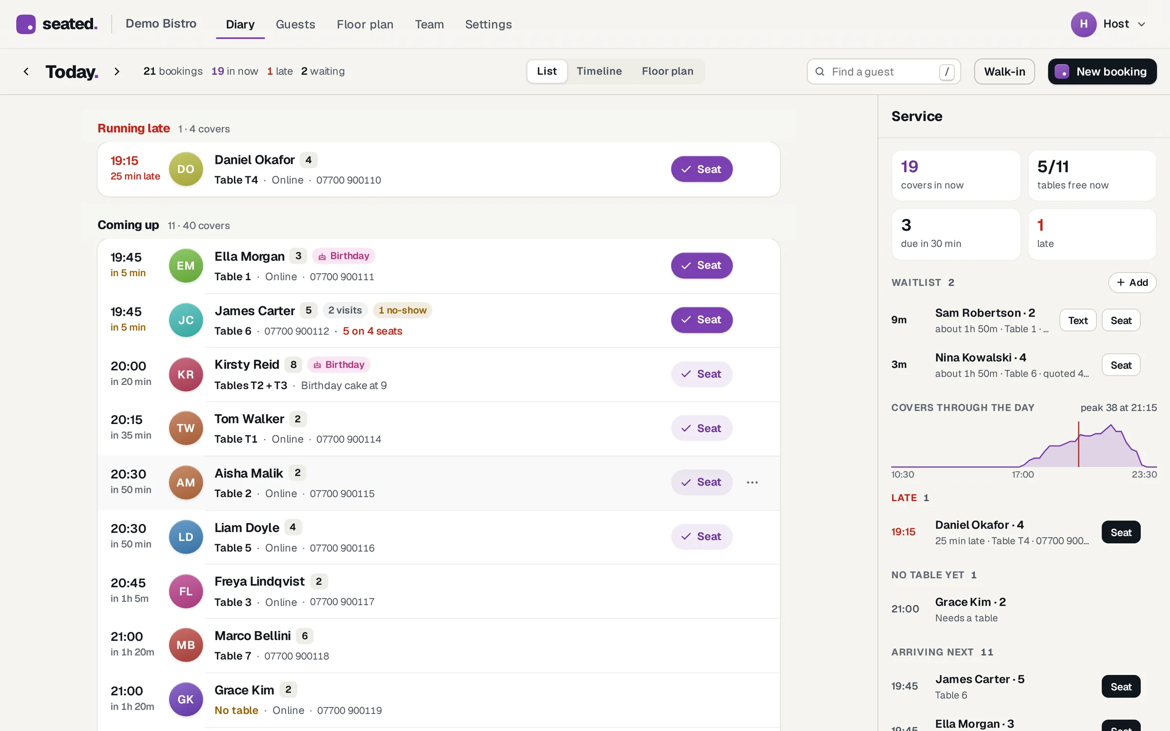 The list view: late at the top, then everyone coming up in time order with a Seat button each