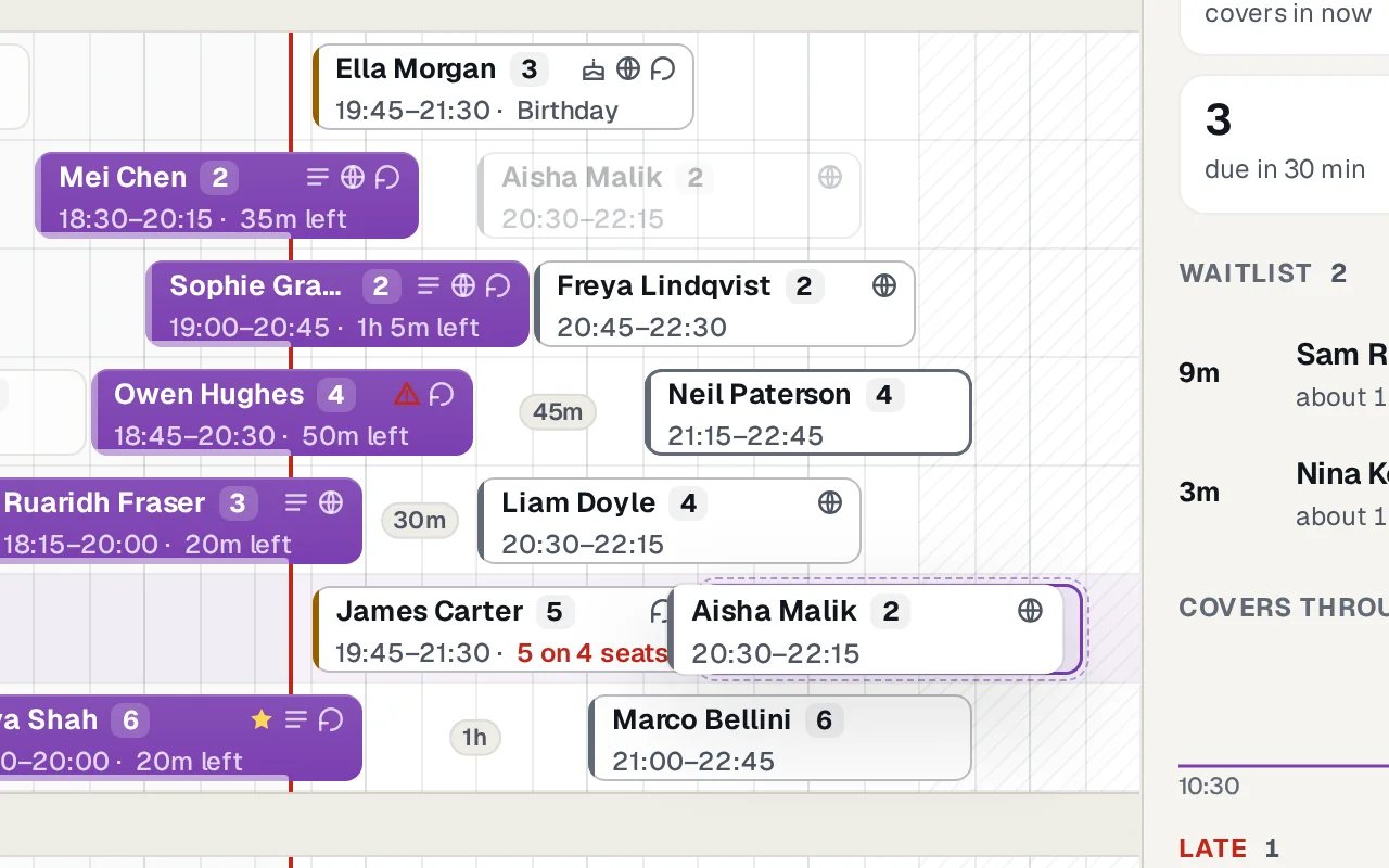 Aisha Malik's booking being dragged to table 6, with a dashed outline where it will land