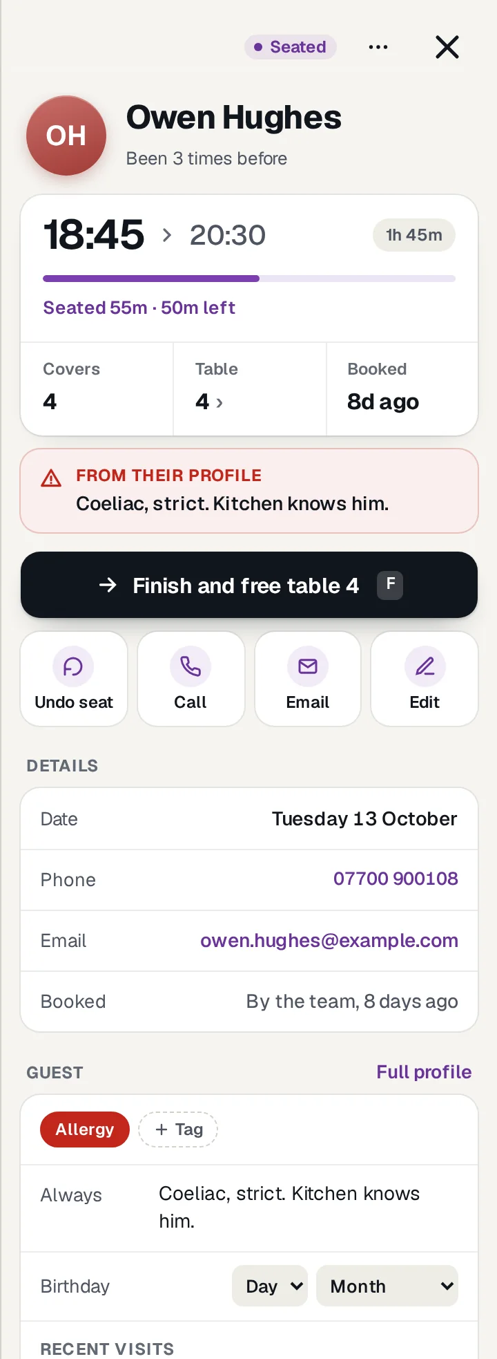 Owen Hughes's guest card: been 3 times, Allergy tag on, coeliac note, his last three visits