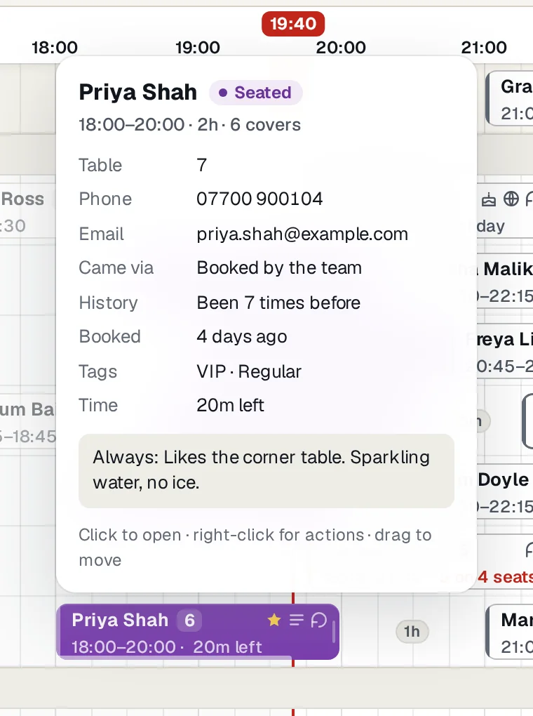 A card over Priya Shah's booking: seated, 20 minutes left, been seven times before, VIP and Regular, likes the corner table