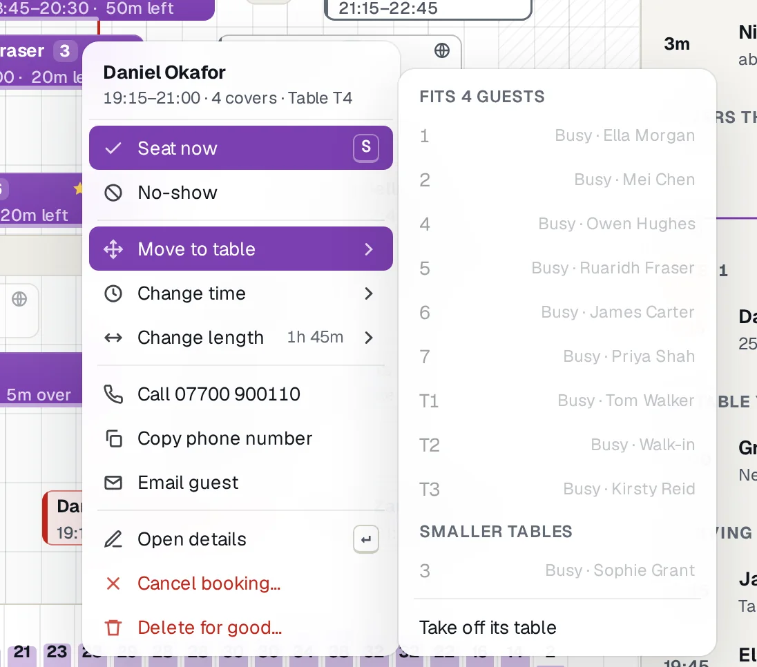 A menu on Daniel Okafor's booking: Seat now, No-show, Move to table with each table and who has it, Change time, Change length, Call