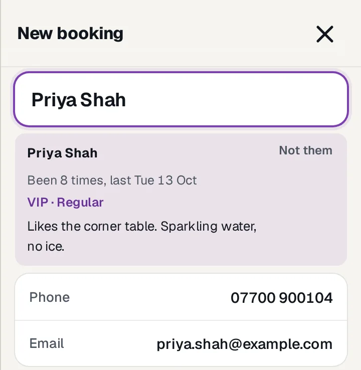 A new booking with Priya Shah picked from the suggestions: been 8 times, VIP and Regular, likes the corner table