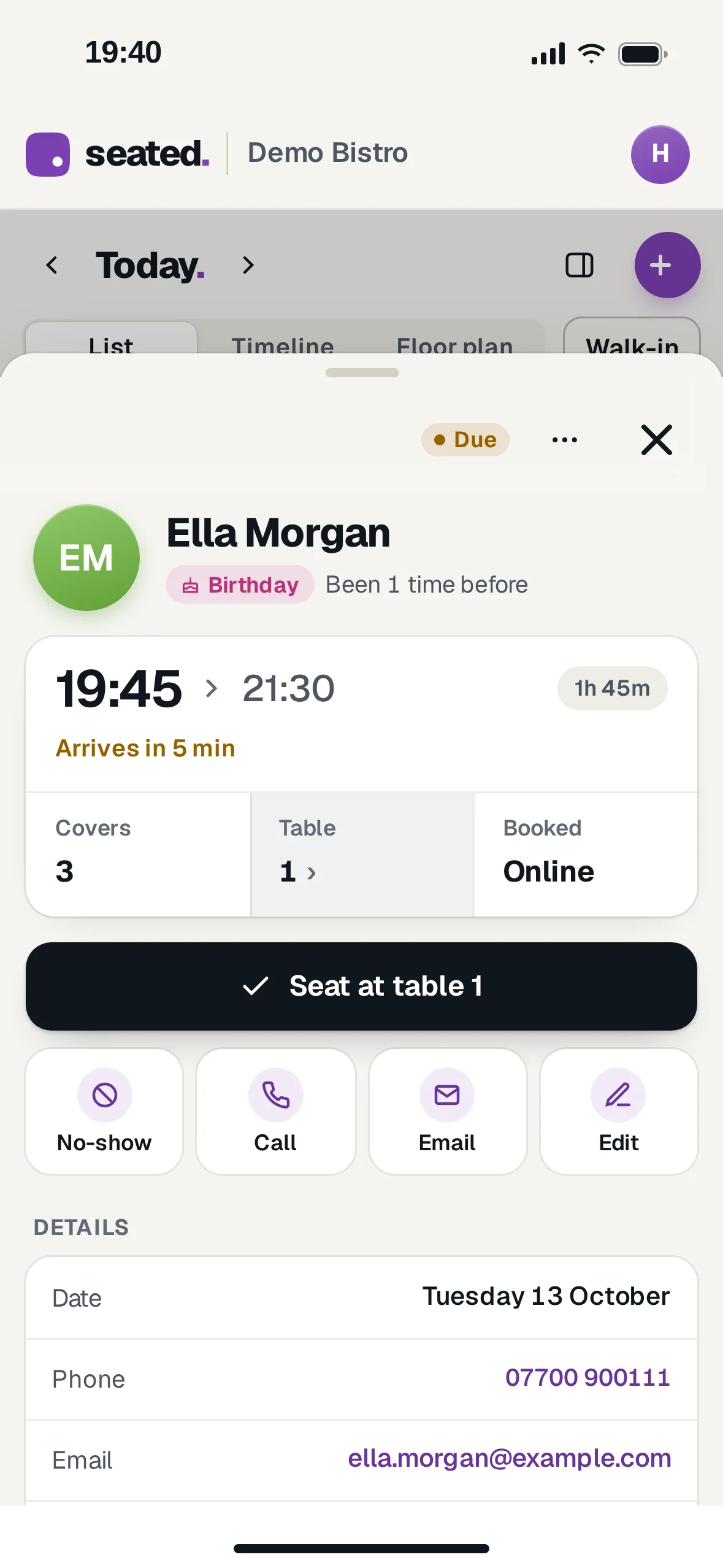 A booking opened on a phone, with the guest's details and a Seat now button