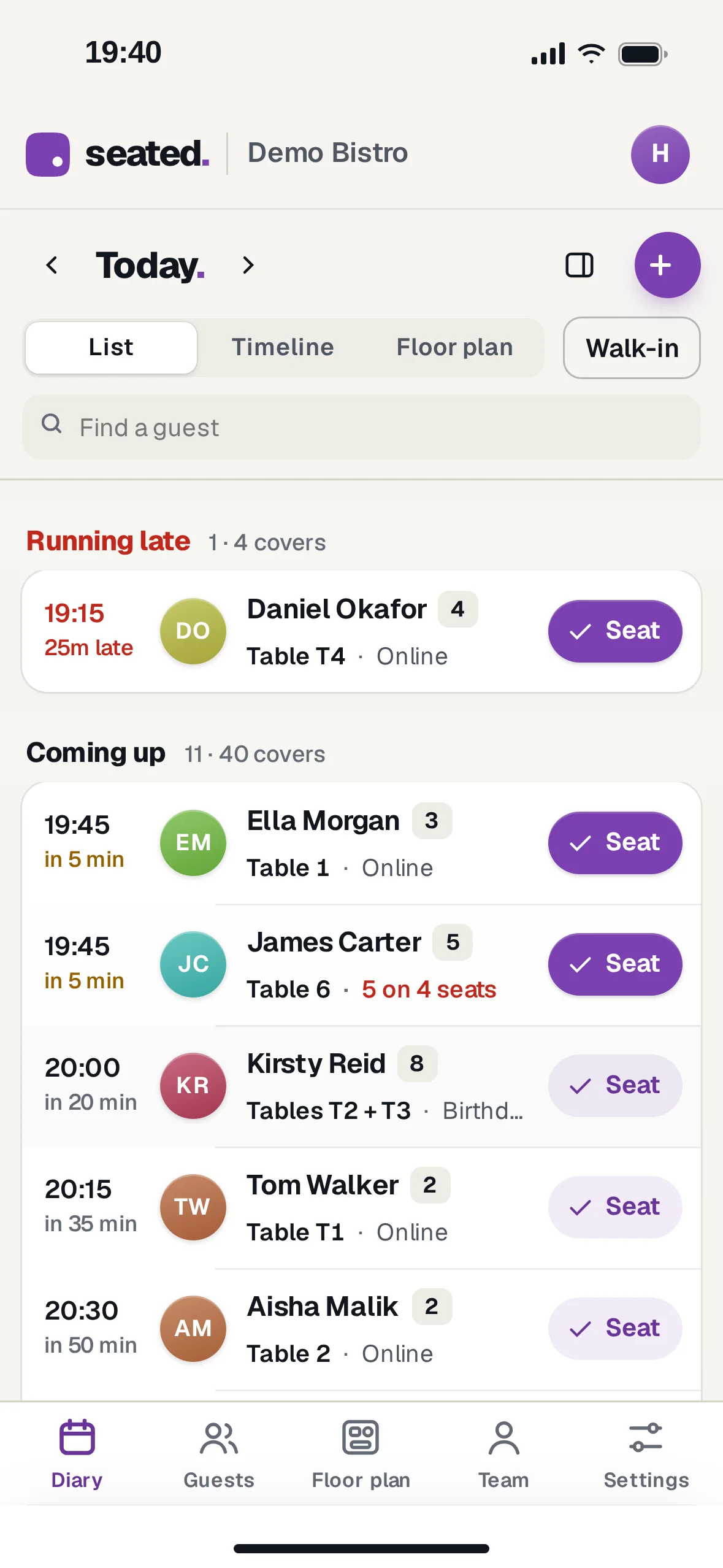 Seated on a phone: tonight's bookings in time order, a late table at the top, Seat buttons on the right